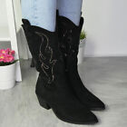 Cowboy Western Boots Diamante Mid Calf Shoes Zip Faux Suede Womens Pointy