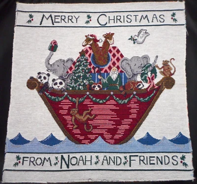 Tapestry Fabric Panel Merry Christmas From Noah & Friends 17.75" Sq Noahs Ark C - Image 1 of 2
