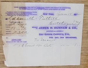 1912 Letterhead New York City James Dunham Dry Goods Carpets - Picture 1 of 2