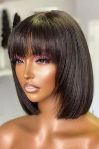 Pelucas sin pegamento de encaje HD pelucas bob negras naturales con flequillo peluca brasileña de cabello humano - Imagen 1 de 23