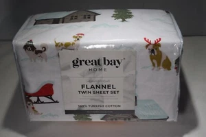 Great Bay Home 100% Turkish Cotton Twin "Pups with Hats" Flannel Sheet Set - Picture 1 of 4