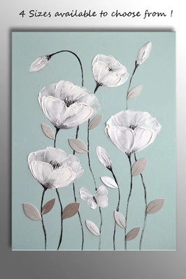 DUCK EGG BLUE & WHITE BUTTERFLY FLOWER PICTURE ZEN CANVAS ART PRINT GREY PETALS - Image 1 of 3