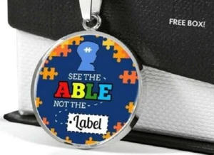 AUTISM WORD QUOTE 1" Large pendant Sterling 925 plated Silver 20" necklace Gift - Picture 1 of 10