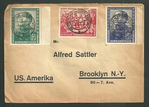 Vintage 1951 Germany DDR Postal Cover Scott #82 83 & 84 Sent to Brooklyn NY - Picture 1 of 2