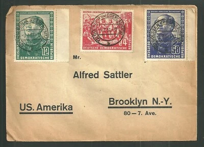 Vintage 1951 Germany DDR Postal Cover Scott #82 83 & 84 Sent to Brooklyn NY - Image 1 of 2
