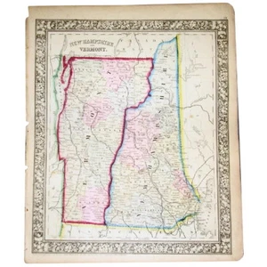Map of New Hampshire & Vermont 12.5 X 15.25 S Augustus Mitchell Original 1862 - Picture 1 of 6