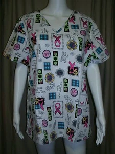 White Scrub Top-Cancer Print-Sh Slv-Scrub Star-NWT-Wms Sz M,L - Picture 1 of 5