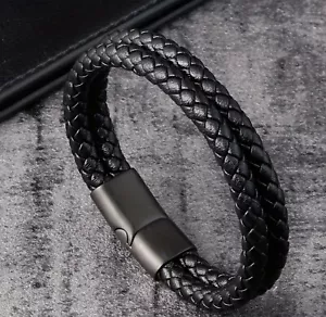 1 pcs Mens Leather Braided Wristband Bracelet Stainless Steel Magnetic 6mm Black - Picture 1 of 5