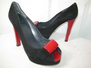 Stuart Weitzman Black Red Suede / Leather Heel Platform Peep Toe Shoes Size 7.5 - Picture 1 of 12