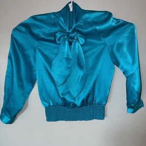 Doncaster Womens Blouse Top 4 Silk Satin Bow Blue 90s Old Money Luxury Romantic - Picture 1 of 11