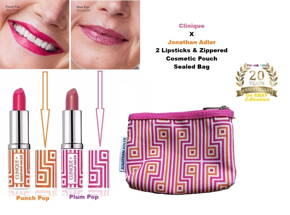 3 PC Clinique X Jonathan Adler Punch Pop & Plum Pop Lipsticks in Zippered Bag - Image 1 of 1