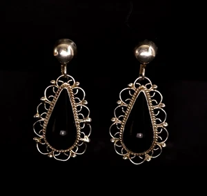 Orecchini argento sterling .925 onice filigrana vite posteriore Guadalajara Messico vintage - Foto 1 di 4