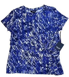 TOP VERA WANG AZUL ESTAMPADO GEOMÉTRICO, FÚNEBRE LATERAL EN LA CINTURA, NUEVO CON ETIQUETAS, TALLA MEDIANA - Imagen 1 de 5