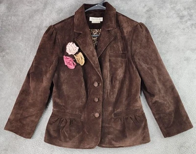 Jaqueta Newport News Feminina 8 Blazer Camurça Marrom Forrado de Leopardo Alfinetes Roseta - Imagem 1 de 4