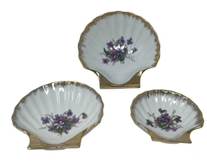 Vintage Japanese Clam Shell Nesting Trinket Dish Set Purple Gold Violet Flowers - Bild 1 von 24