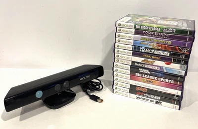 MICROSOFT XBOX 360 WIRED MOTION KINECT SENSOR BAR CAMERA 1414 BUNDLE W/ 15 GAMES - Image 1 of 4