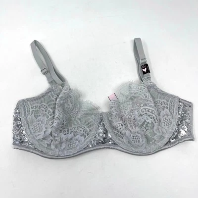Victorias Secret Push Up Bra Womens 32C Dream Angels Gray Lace Silver Sequins - Image 1 of 4