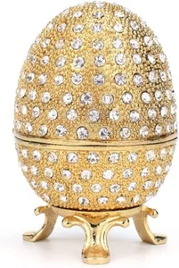 Joyería con bisagras estilo huevo Fabergé pintado a mano caja de baratijas adorno único dorado - Imagen 1 de 3