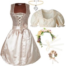 Donna Set Costume Tradizionale Pezzi Tirolese Miniabito Scollo Beige Ornamenti