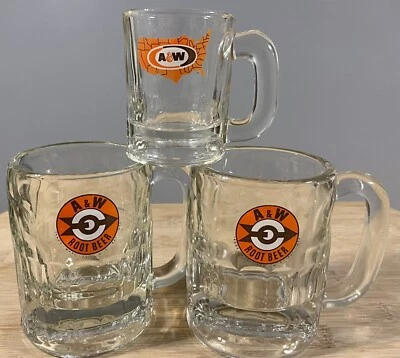 3 винтажные прозрачные стеклянные кружки A&W Rootbeer 2 маленькие, 1 детский размер трудно найти - Изображение 1 из 4