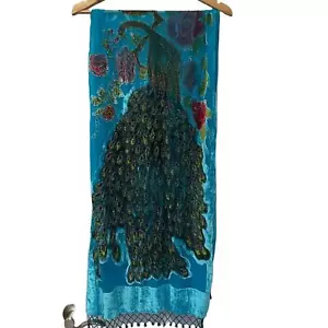 Peacock Crushed Velvet Scarf Beaded Burnout Shawl Bird Wrap Teal Blue Vintage - Picture 1 of 5