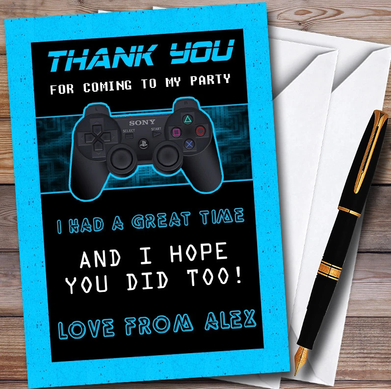 Video Game Gaming Blue Personalised Childrens Birthday Party Thank You Cards - Image 1 of 1