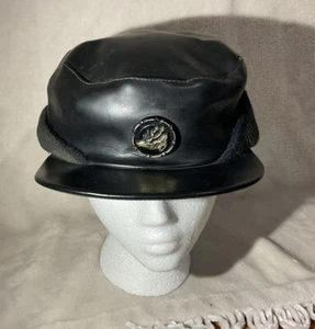 Vinatge Vinyl Elk Medallion Cap Hat Newsboy Cappie Black Ear Flap - Picture 1 of 8