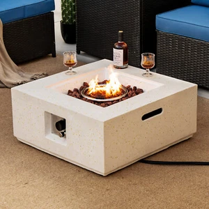 28" Terrazzo Fire Pit Table Rectangle Propane Fire Pit w/ PVC Cover White - Picture 1 of 9