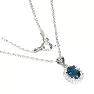 Collana In Argento Sterling 925 Con Topazio Ovale Di Londra 7x5mm E Cz Simulato - Foto 1 di 10