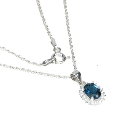 925 Sterling Silver Oval London Topaz 7x5mm Simulated Cz Necklace - Image 1 of 4