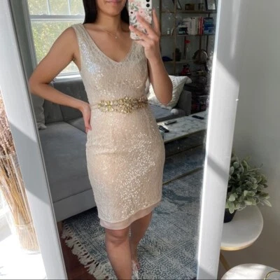 Badgley Mischka Sparkle in the Sky Belted Cocktail Dress MSRP $540 Beige sz 2 - Image 1 of 4