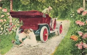 Vintage Postcard - unposted / CAN I HELP YOU ? COUPLE LOVE - car - Picture 1 of 2