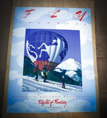Vtg Unicorn Balloon Co Flights of Fantasy Snowmass Skiing Hot Air Balloon Poster - Image 1 of 2