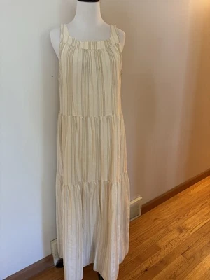 Line@Moda Cotton Tiered Maxi Dress Size Medium Cream Gold Stripe Italy - Image 1 of 4