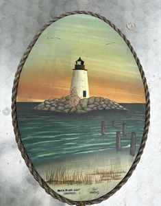 Back River Lighthouse dipinto ad olio vintage firmato capitano Harold arte nautica - Foto 1 di 6