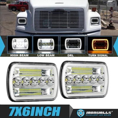 For Freightliner FL50 FL60 FL70 FL80 5x7" Chrome LED Headlights Hi/Lo Beam DRL Foto 1 de 4