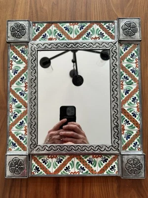 14" PUNCHED TIN MIRROR mixed talavera tile mexican ethnic handmade wall folk art - Image 1 of 4