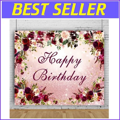 10x8ft Burgundy Rose Gold Floral Birthday Backdrop - Perfect for Women's Parties - Image 1 of 4