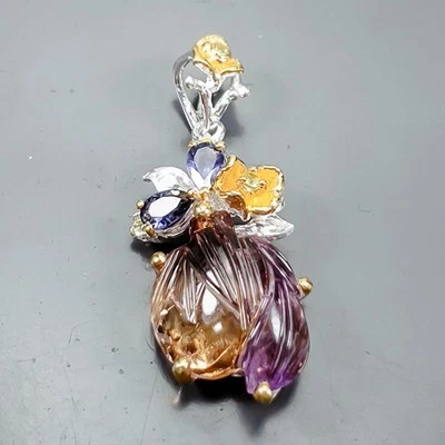 复古雕刻天然氨黄水晶吊坠 925 纯银 /B-P0728 — 第 1/4 张图片