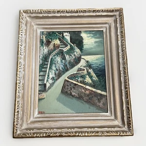 Vintage Original Ölgemälde Meeresküste von Amalfi Gehweg gerahmt Holz signiert - Bild 1 von 4