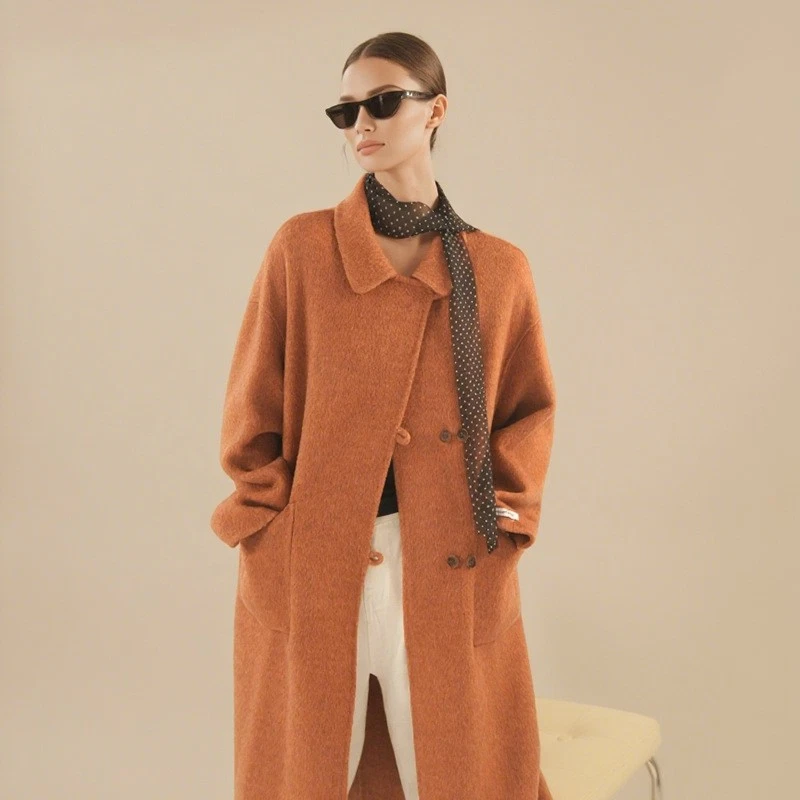 Gabardina informal de lana de doble cara larga con cuello de solapa para mujer  Foto 1 de 4