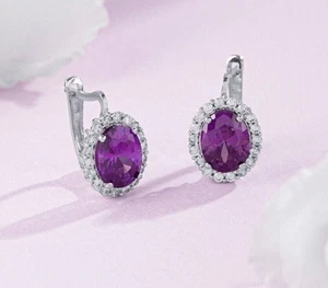 5.15 Ct Amethyst & Moissanite Huggie/Hoop Earrings 14K White Gold Over - Picture 1 of 6