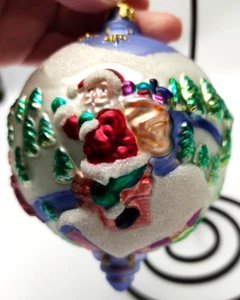 Vintage? 3D handbemalt 6" Weihnachtsschmuck ~ blau ~ Glas? ~ Weihnachtsmann Rentier Schneeszene - Bild 1 von 17