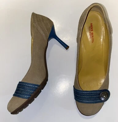 Zapato de Diseñador Miss Sixty Raro Vintage Y2K Tacones Talla 41 EUR Marrón Gamuza y Denim Foto 1 de 4