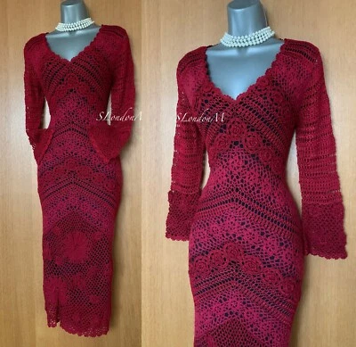 KAREN MILLEN KM 1 Dark Red 20s VTG V Neck 3D Flowers Crochet Midi Dress UK 8/10 — 第 1/4 张图片