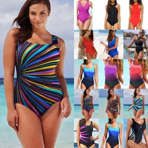 Women Striped Tie Dye Monokini One Piece Swimwear Swimsuit Swimming Costume New - Picture 1 of 18