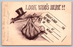 Postkarte signiert Cobb Shinn Schau wer ist hier Storch Baby Ankündigung Fantasy - Bild 1 von 2