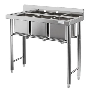 3 Compartment Stainless Steel Sink w/Backsplash for Restaurant & Kitchen Silver - Picture 1 of 9