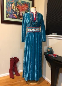 Vtg. 70s Oscar de la Renta Turquoise Velvet Evening Gown, Bohemian SW - S - Picture 1 of 12