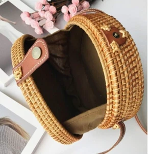 Boho Summer & Rose Round Rattan Cross Body Purse with Leather Strap - Picture 1 of 5